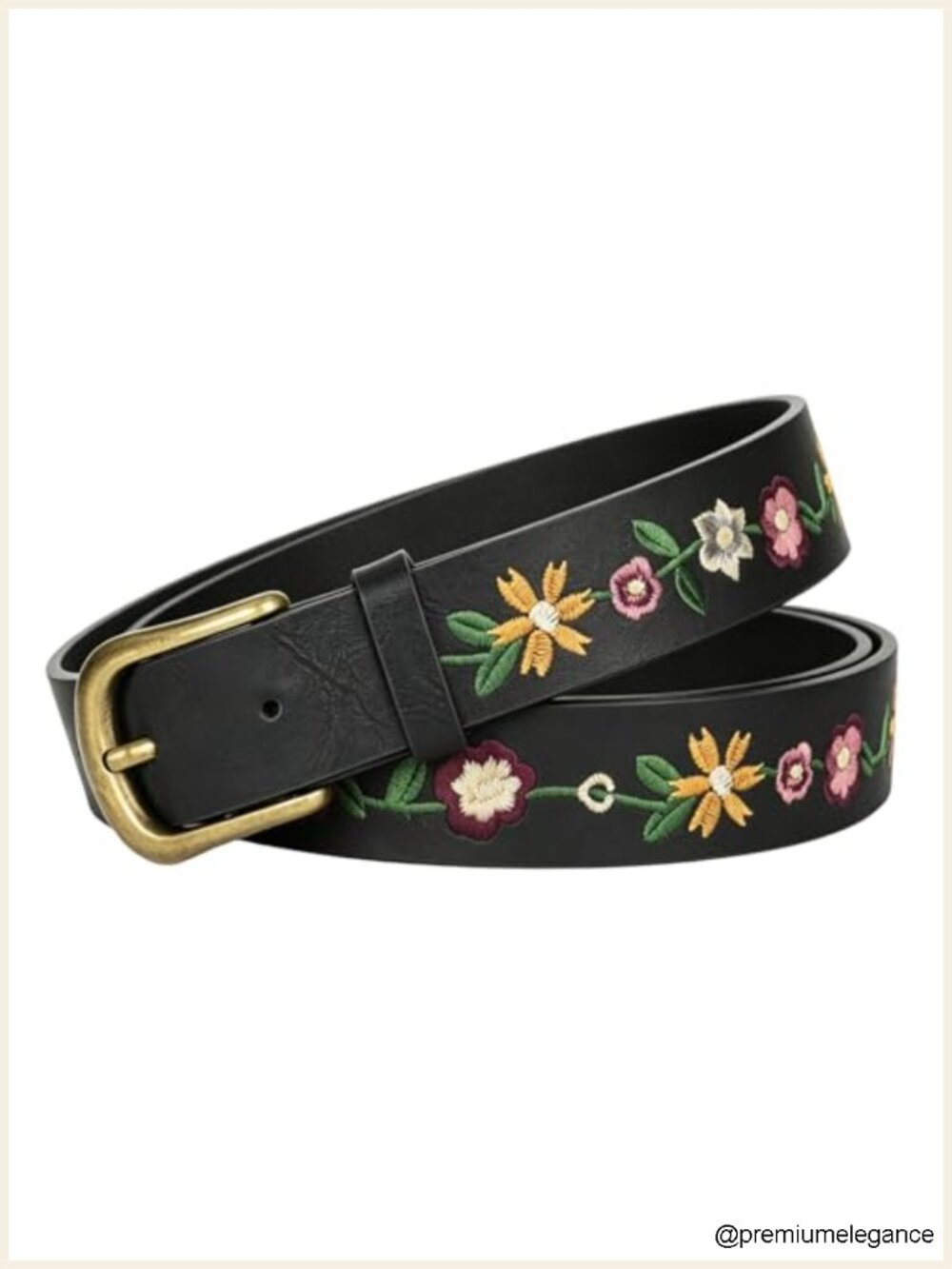 Vintage Floral Embroidered PU Leather Belt with Antique Gold Buckle